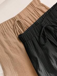 Story & Sage Women's Casual Home Vacation Loose Drawstring Bow Textured Shorts, Spring/Summer, Black Beige, Multi-Pack Sleep Home Daily - Multicolor - View 5