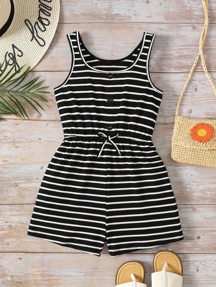 Emery Rose Kids Emery Rose Kids Tween Girls Knitted Black & White Striped Cinched Waist Loose Tank Jumpsuit, Casual Daily Fashion Versatile Streetwear For Sisters, Photo, Vacation, Travel, Girls Outfit - Black and White - View 1