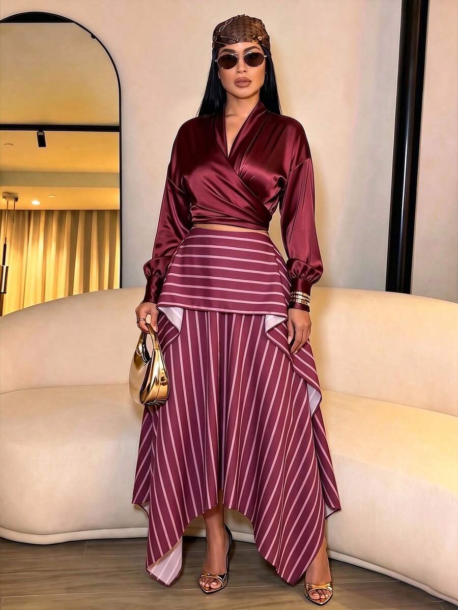 SOLERSUN 女款休閒優雅棕色條紋解構雙層不對稱中長裙，適合日常穿著、度假、休閒購物與夏季時尚。Saint Festival 女裝棕色條紋中長裙（隨機花卉） - 酒紅色 - 查看 1