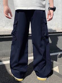 兒童青少年男孩休閒日常舒適印花直筒寬鬆梭織長褲，適合學校、花園、海灘、生日，春夏秋冬四季皆宜 - 藏蓝色 - 查看 3