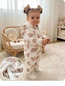 Newborn Baby Girl Cute Autumn/Winter Leopard Print Color Block Fuzzy Hooded Romper - White - View 1