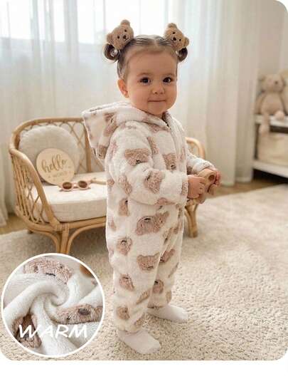 Newborn Baby Girl Cute Autumn/Winter Leopard Print Color Block Fuzzy Hooded Romper