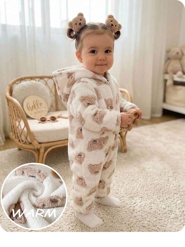 Newborn Baby Girl Cute Autumn/Winter Leopard Print Color Block Fuzzy Hooded Romper
