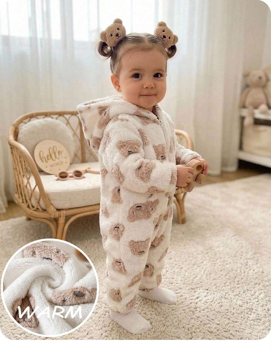 Newborn Baby Girl Cute Autumn/Winter Leopard Print Color Block Fuzzy Hooded Romper - White - View 1