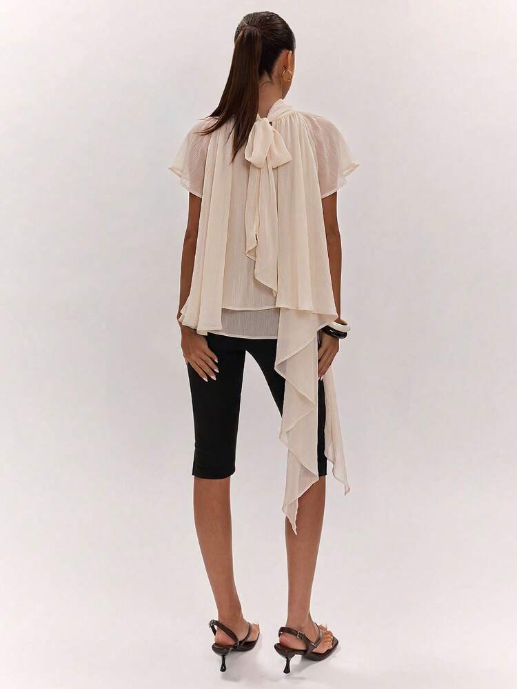 SHEIN BAE Women's Solid Color High Neck Asymmetrical Hem Fashion Top - Apricot - View 2