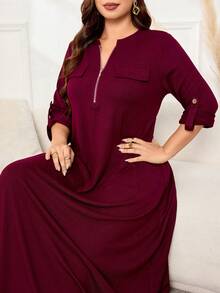 Lacomfia Women's Front Zipper Long Sleeve Loose Comfortable Casual Home Wear Elegant Solid Color Spring Autumn Plus Size Dress - Burgundy - View 8