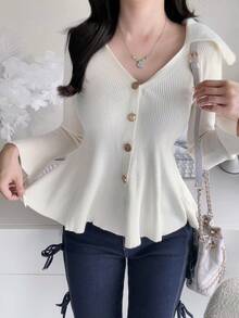 FRIFUL Women's Solid Color Casual French Elegant Versatile Daily Brunch Cardigan Cream White Autumn Brunch - Apricot - View 4