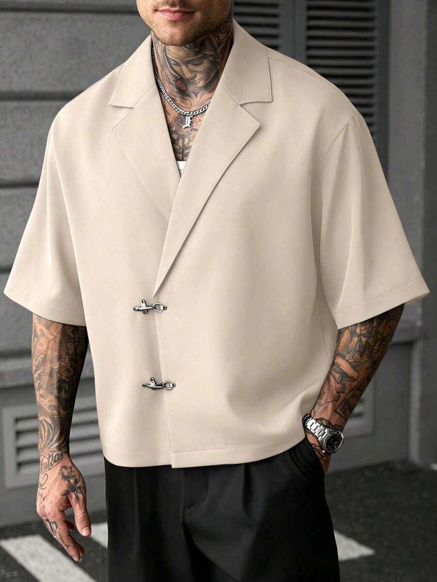 SLATEMANN 男士純色翻領短袖休閒襯衫,配飛機鈕扣 - 卡其色 - 查看 1