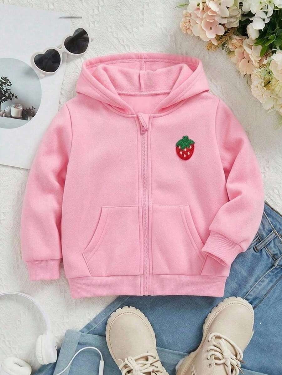 SHEIN 女童針織純色草莓貼布連帽休閒夾克 - 彩色 - 查看 1