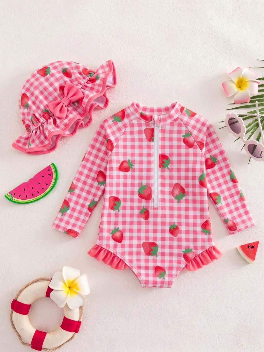 SHEIN Baby Girls Cute Strawberry Print Colorblock Long Sleeve One-Piece Swimsuit And Colorblock Patchwork Bucket Hat Set, Suitable For Beach, Sand, And Pool - Pink - View 1