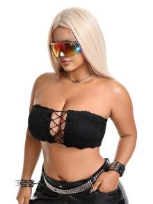 AltBold 1pc Romantic Lace Drawstring Bandeau Bra Plus Size - Black - View 4