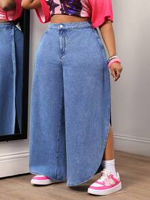 Slaydiva Plus Size Women's High Waist Loose Casual Versatile Denim Wide Leg Pants - Black - View 4