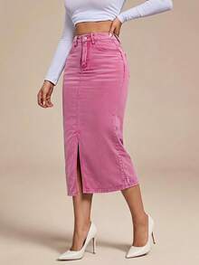 Selenza Plus Size Casual Washed Split Hem Denim Skirt - Pink - View 2