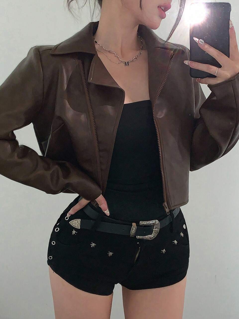 Motorcycle Lapel PU Leather Short Leather Jacket Long Sleeve Autumn Teenager (Female) Leather Jacket