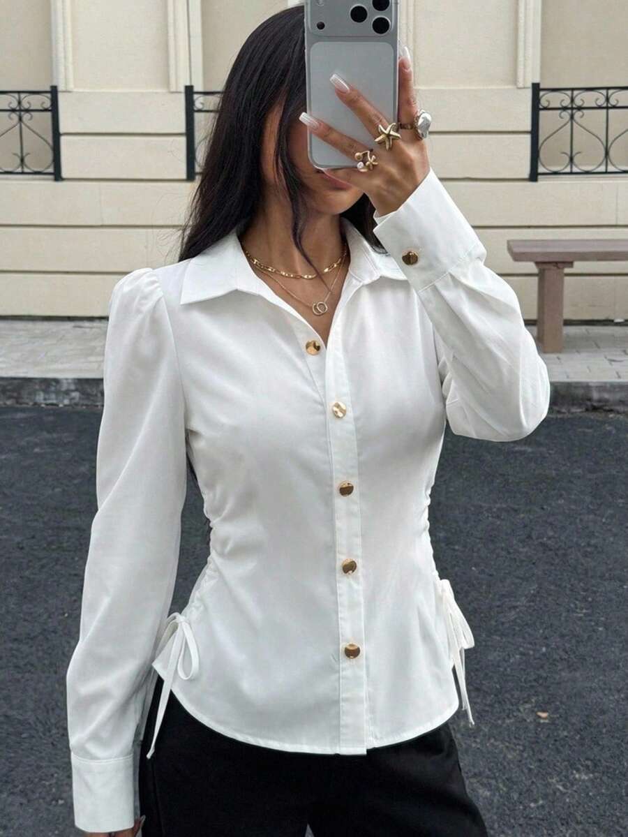 SHEIN 兒童青少年女孩白色純色V領金色鈕扣長袖側抽繩休閒襯衫 返校季節慶穿搭 萬聖節 秋冬款 - 白色 - 查看 1