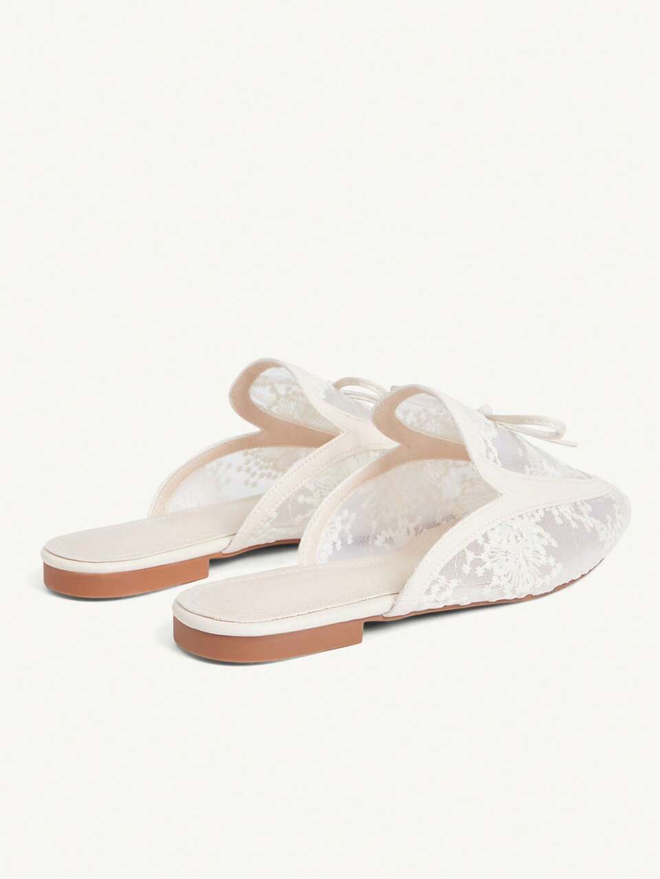 CUCCOO CHICEST Gentle Style Beige Lace Embroidered Mules Shoes Women's Mesh Breathable Bow Flat Bottom Summer Wear Versatile Slippers
