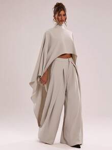 SHEIN BAE Women's Solid Color Stand Collar Asymmetric Hem Top And Long Pants Casual Daily Set - Apricot - View 6