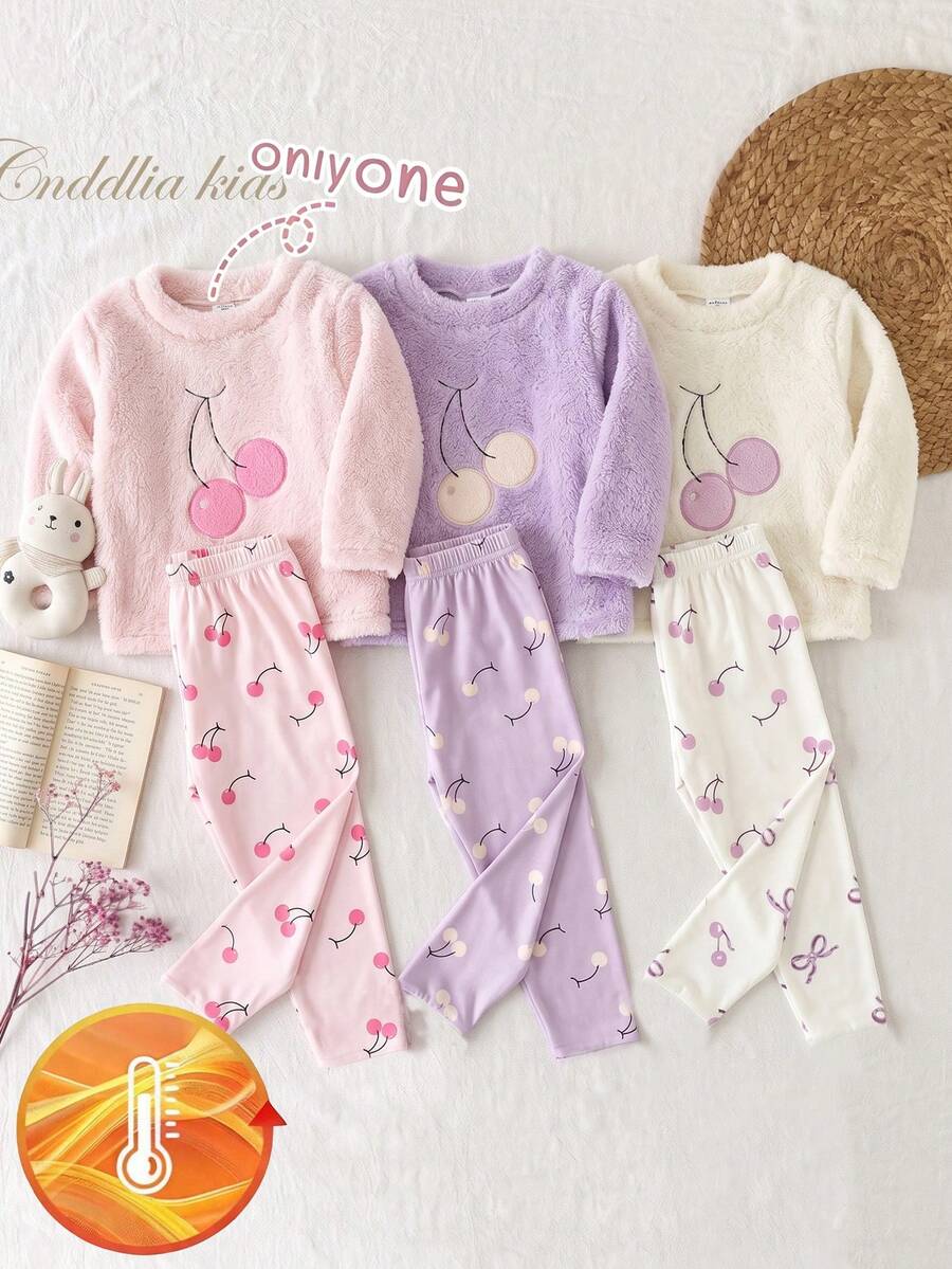 Genkimix Kids 2 件套女婴可爱樱桃印花长袖上衣和裤子柔软羊毛睡衣套装,浅粉色 - 淺粉色 - 查看 1