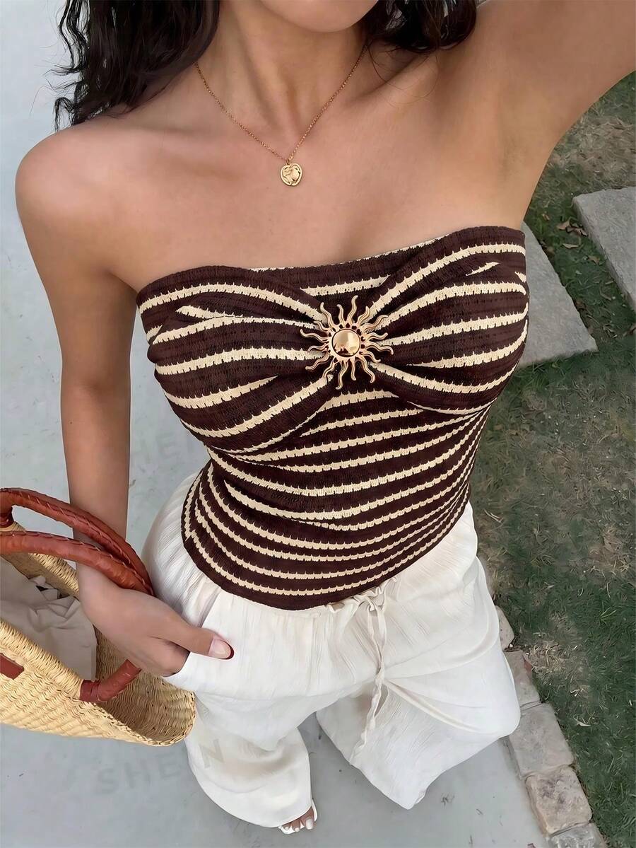 Cévolie 女款夏季休閒條紋金屬裝飾抹胸上衣 - 咖啡棕 - 查看 1