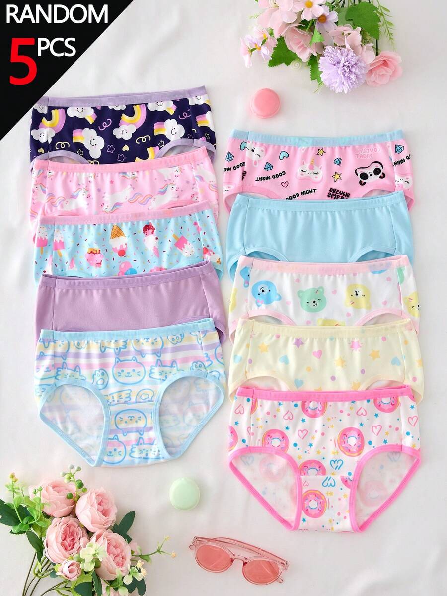 SHEIN 隨機混搭 10 款中 5 款,5 件組女童幼兒內褲套裝,可愛花卉、彩虹、彩虹與動物印花組合系列,柔軟光滑觸感,針織布料製成,高彈性內褲,適合日常基本需求、運動穿著,親膚舒適,四季輕便衣物 - 彩色 - 查看 1