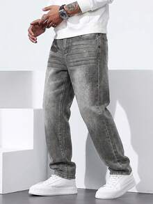 QuarKem Men's Washed Grey Denim Jeans Casual Versatile Slim Fit Long Pants - Grey - View 1
