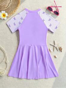 SHEIN 少女條紋蝴蝶結印花短袖連身泳衣附三角褲底，適合夏季、度假、衝浪、海灘、海邊、泳池、游泳 - 紫色 - 查看 2