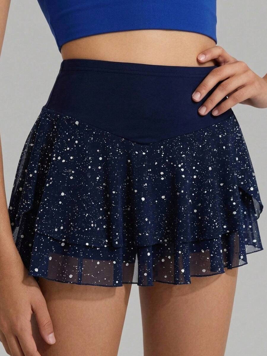 Tween Girl Sequin Mesh Sports Skirt, Girls Athletic Skirt, Mesh Patchwork High Elastic Fabric, Suitable For Daily Sports - Multicolor - View 1