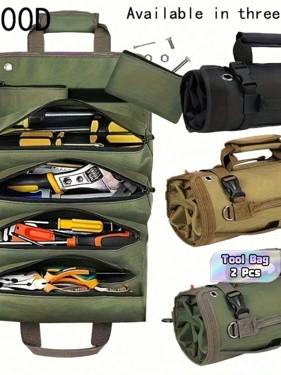 1 Heavy-Duty Hardware Roll-Up Tool Bag, Durable Tool Storage Bag, Roll Style Tool Pouch - Portable Storage, Hand Roll-Up Design With Multiple Compartments, Adjustable Shoulder Strap, Wear-Resistant Fabric, Zipper Closure. - Multicolor [Upgraded Material] - View 1