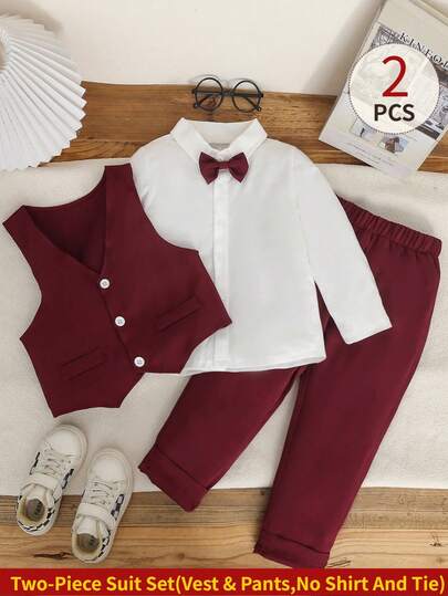 SHEIN 2pcs Young Boys Gentleman Suit Set: Faux Pocket Single-Breasted Vest And Casual Elastic Waist Pants, Does Not Include White Shirt And Bow Tie, Suitable For Wedding, Performance, Party, Graduation Ceremony Formal Attire, Young Boys Suit Set, Suitable For Children's Formal Wear, Boys Wedding Outfit, Ring Bearer
