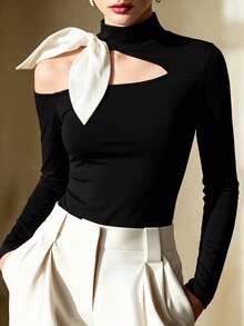 Balvessa Women's Half-High Neck One-Shoulder Asymmetrical Cut-Out Off-Shoulder Top With White Contrast Ribbon Bow Decor, Long Sleeve, Cinched Waist - Black and White - View 6