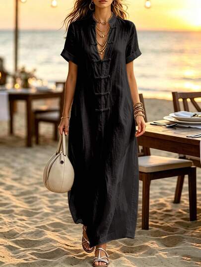 SHEIN Holidaya New Elegant French Style Women's Short Sleeve Dress, Decorated With Chinese Knot Buttons, Suitable For Spring, Summer, Autumn, Vacation Style French White Dress, Versatile And Comfortable Fabric, Suitable For Travel, Vacation, Daily Wear