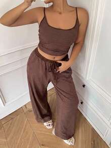 Dazy Plus Striped Slim Fit Camisole Top & Pajama Pants Set, Plus Size Women's Spring/Summer Loungewear - Brown - View 2