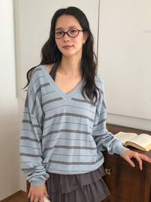 DAZY Sweater Rajut Wanita Lengan Panjang Longgar Berkerah V Motif Garis-Garis Blok Warna, Kasual untuk Liburan Musim Semi/Gugur - Biru - View 5