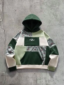 AXEPEAK 男士休閒運動學院風街頭賽車拼接拼色花卉長袖連帽衛衣 - 彩色 - 查看 1