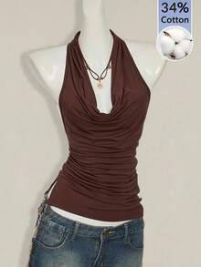 SHEIN ICON 女款棕色復古設計性感露背串珠垂領背心 - 棕色 - 查看 3