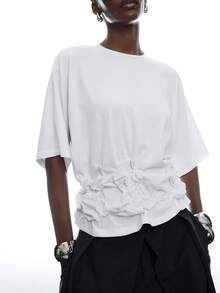 LYSMO Women's Solid Color Pleated Casual Versatile Daily Wear T-Shirt - White - View 5