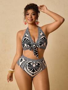 Travachic Women's Plus Size Halter Bikini Floral Print Top Triangle Bottom Set, Elastic Slim Fit Beachwear Summer Vacation Swimsuits Bathing Pink Leopard Print - Multicolor - View 6