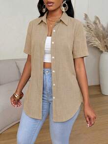 Xyvia Women's Solid Color Short Sleeve Single-Breasted Casual Shirt - Apricot - View 5