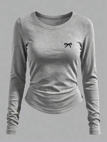 Women's Contrast Color Bow Embroidered Round Neck Long Sleeve T-Shirt - Multicolor - View 3