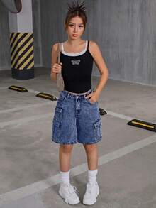 SHEIN 千禧年少女时尚低腰翻盖口袋宽松牛仔工装短裤，返校季 - 深色水洗藍 - 查看 5