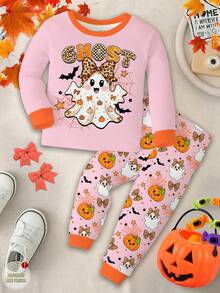 Halloween, Young Girl Casual Minimalist Cute Sweet Ghost, Pumpkin, Bat Pattern, Cream Color, Comfortable Long Sleeve Long Pants Loungewear Suitable For Autumn/Winter, Snug Fit, Looks Of Party, Cute, Cozy, Snug Fit - Multicolor - View 3