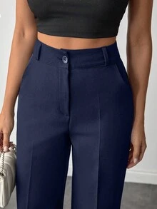 Wovencharm Wovencharm Petite Size Women Solid Color High Waist Straight Leg Pants For Everday Wear - Navy Blue - View 4