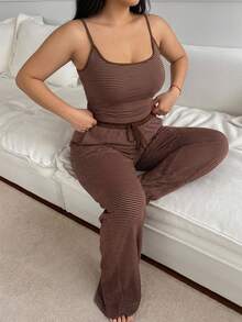 Dazy Plus Striped Slim Fit Camisole Top & Pajama Pants Set, Plus Size Women's Spring/Summer Loungewear - Brown - View 7