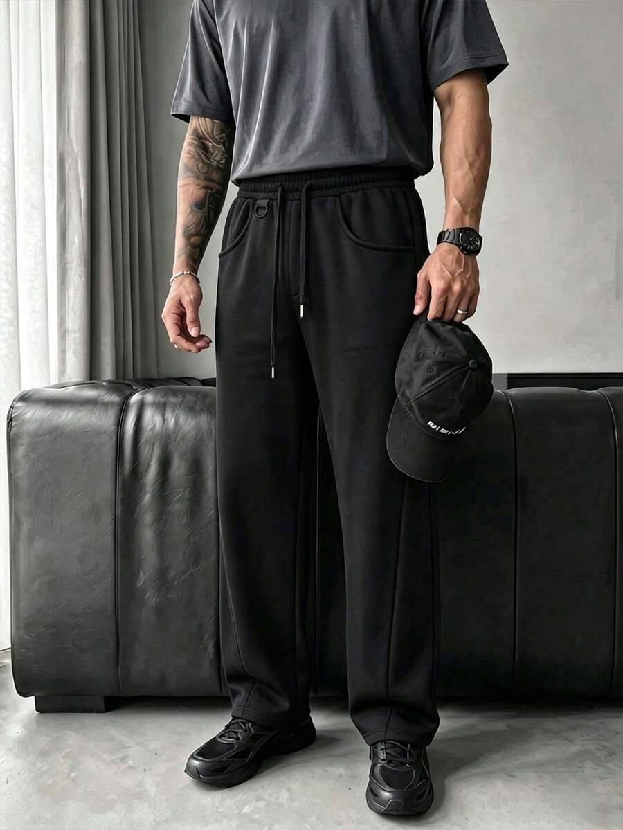 Manfinity CasualCool 男士黑色直筒抽繩運動長褲,舒適實用便利,小配件設計,Ins風,適合丈夫禮物,休閒外出約會、婚禮、拍照,Y2K風格,百搭必備,四季皆宜 - 黑色 - 查看 1
