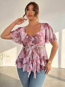 Firerie Plus Size Women Sweetheart Collar Pleated Ruffle Hem Blouse - Pink - View 3