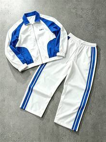 Manfinity Hypemode Conjunto de chaqueta y pantalones con bloques de color y patchwork para hombre - Azul y blanco - Ver 1