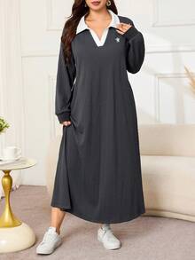 Lacomfia Plus Size Women's Colorblock Collared Long Sleeve Casual Sweatshirt Dress - Grey - View 1
