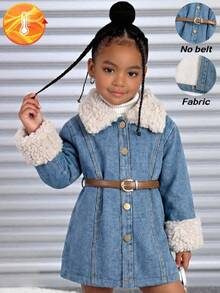 Manteau mi-long épais avec col en fourrure pour jeunes filles, nouvelle arrivée automne/hiver, veste en jean délavé et usé style coréen au-dessus du genou, convient pour le port extérieur et décontracté - Bleu azur - Voir 4