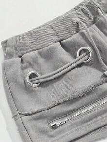 ROMWE Grunge Punk Shorts mini de tiro súper bajo con ojales metálicos y cordones en estilo retro Y2K desgastado - Gris Claro - Ver 3