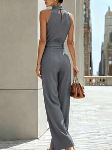Zovinel Casual Versatile Halter Neck Tank Top And Pleated Pocket Wide Leg Long Pants 2 Pieces Set - Grey - View 2